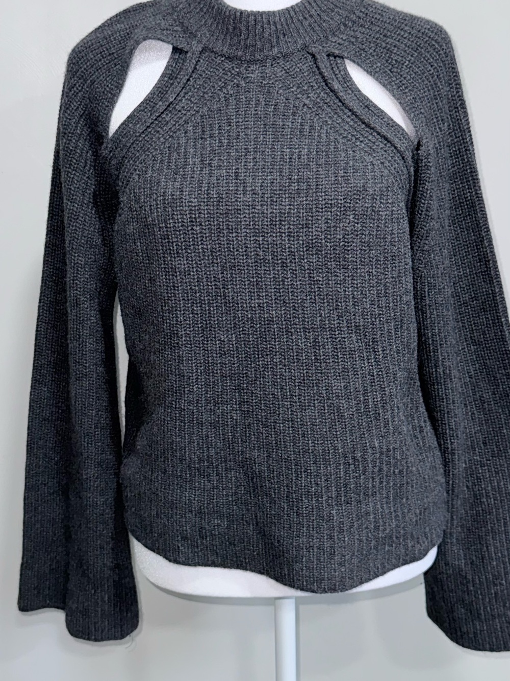 Massimo Dutti Charcoal Cutout Ribbed Crewneck Sweater Cashmere Blend